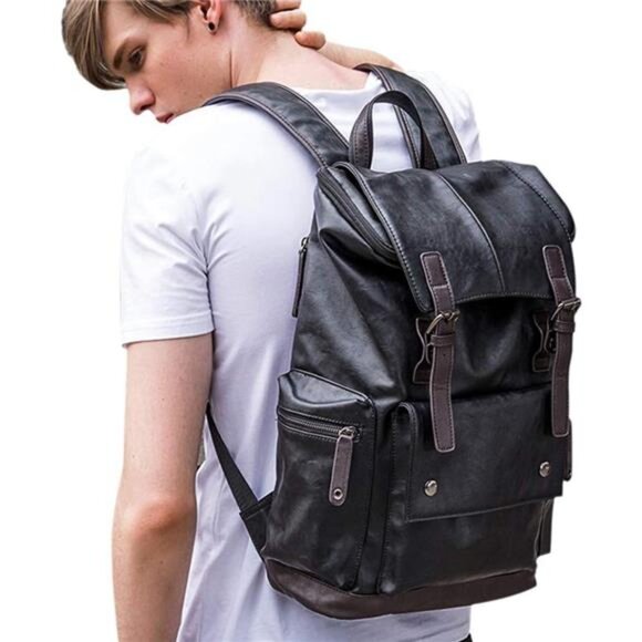 PU Leather Laptop Backpack,Vintage Travel Rucksack for College,Large